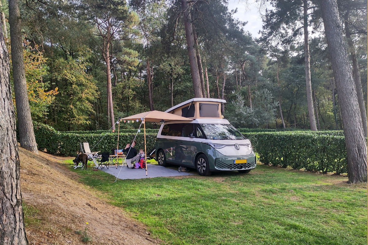 Camping with two babies and a dog Thomas and Michelle on their Land Rover-green ID Buzz